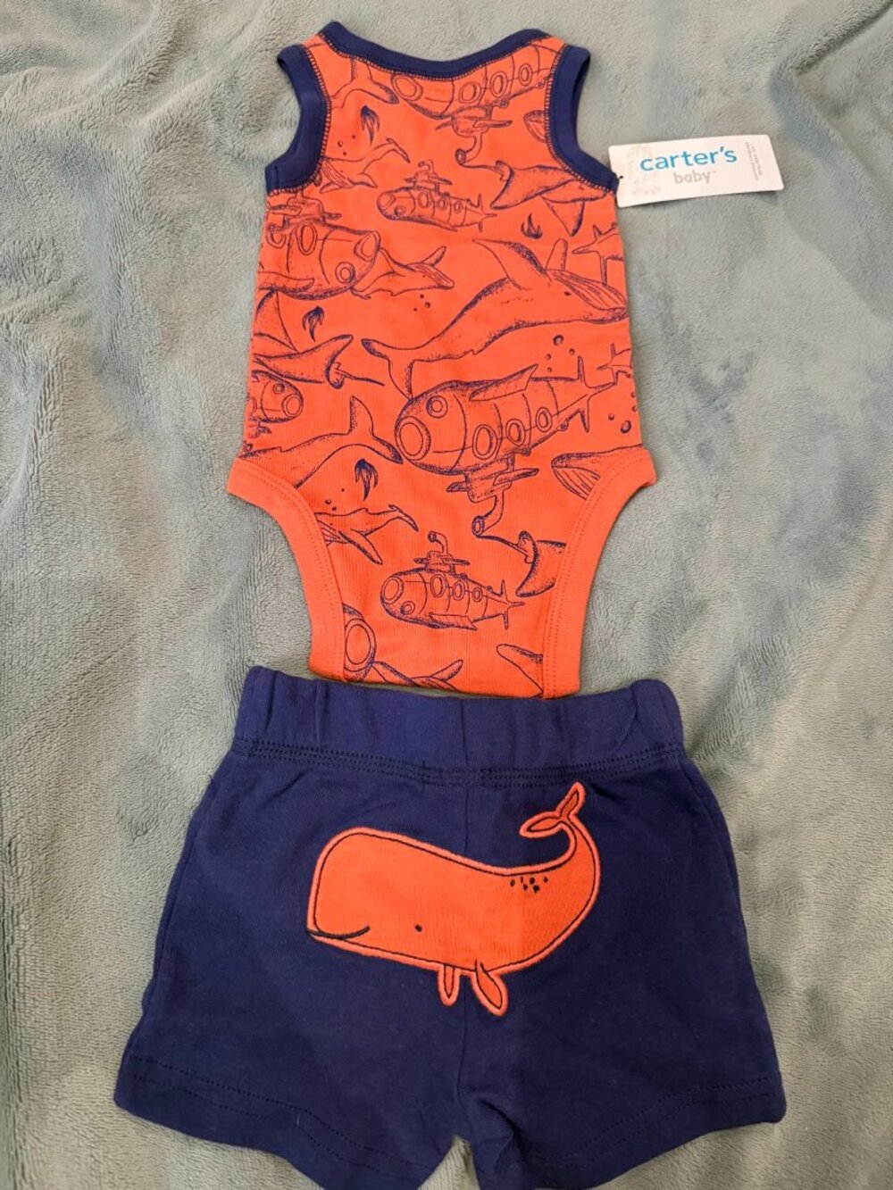 Carter's Baby Boys 2 Piece Set 3M Bodysuit Shorts Orange Whale NWT